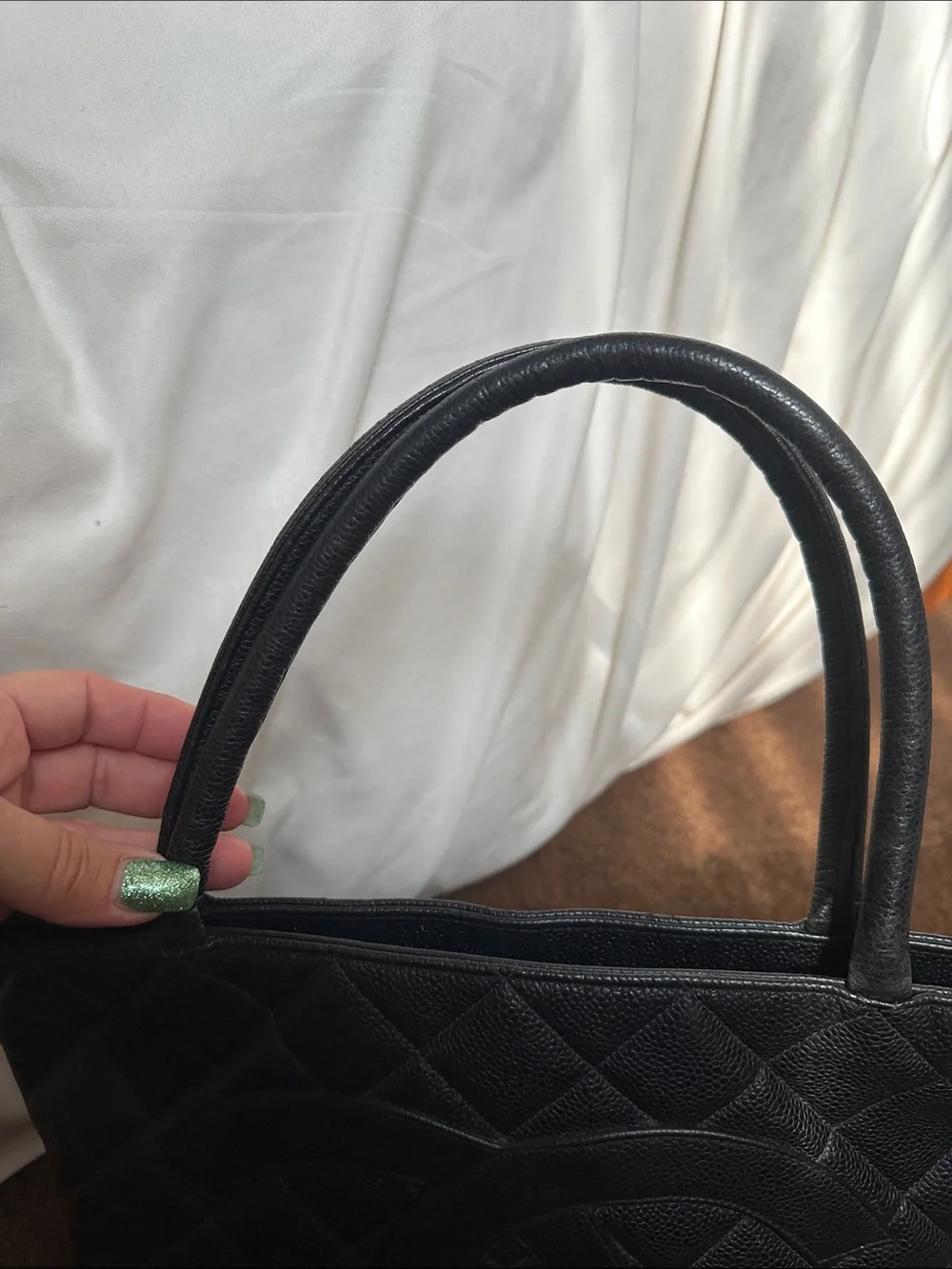CHANEL Black Quilted Caviar Leather Tote with Gold Medallion Charm